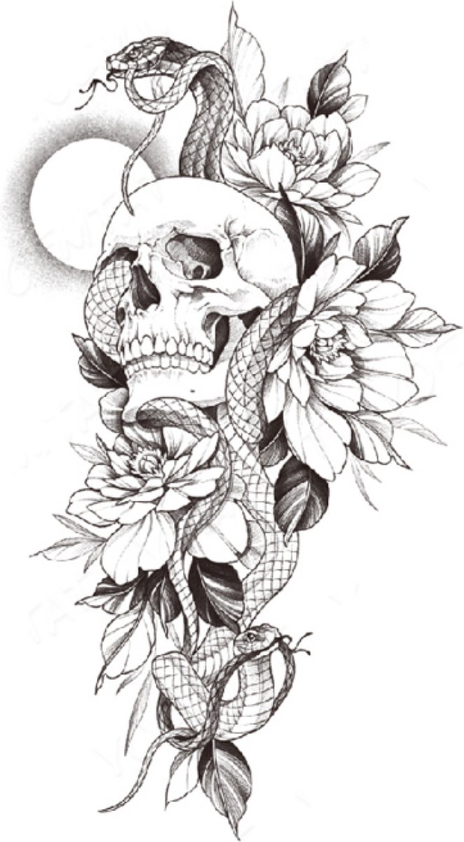 Tattoos - Zwart Wit Tattoo - Tijdelijke & Waterbestendig Tattoo - Ontwerp Tattoo - Arm & Lichaam Tattoo - Vrouwen Tattoo - Nep Tattoo - Tatoeage & Tatoeages - Tatoeages volwassenen | Skull, Flowers & Snake